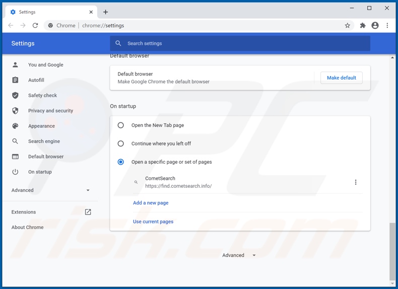 Eliminando cometsearch.info de la página de inicio de Google Chrome