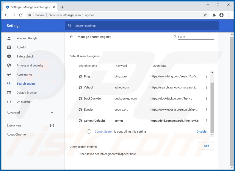 Eliminando cometsearch.info del motor de búsqueda predeterminado de Google Chrome