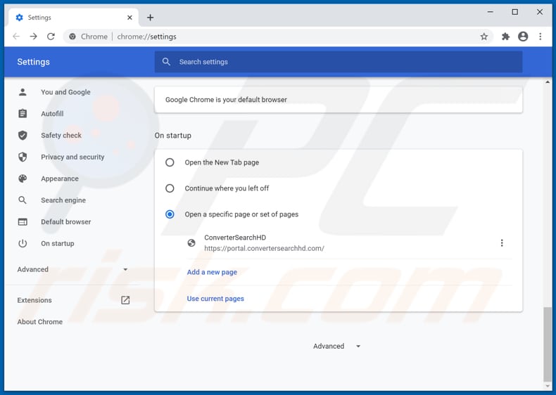 Eliminando convertersearchhd.com de la página de inicio de Google Chrome