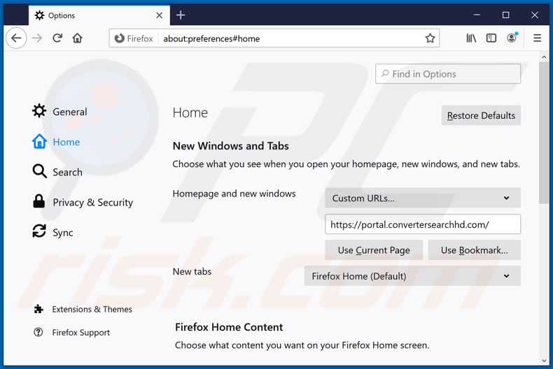 Eliminando convertersearchhd.com de la página de inicio de Mozilla Firefox