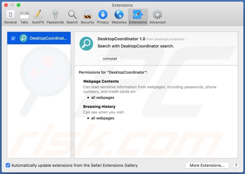 Adware DesktopCoordinator instalado en Safari