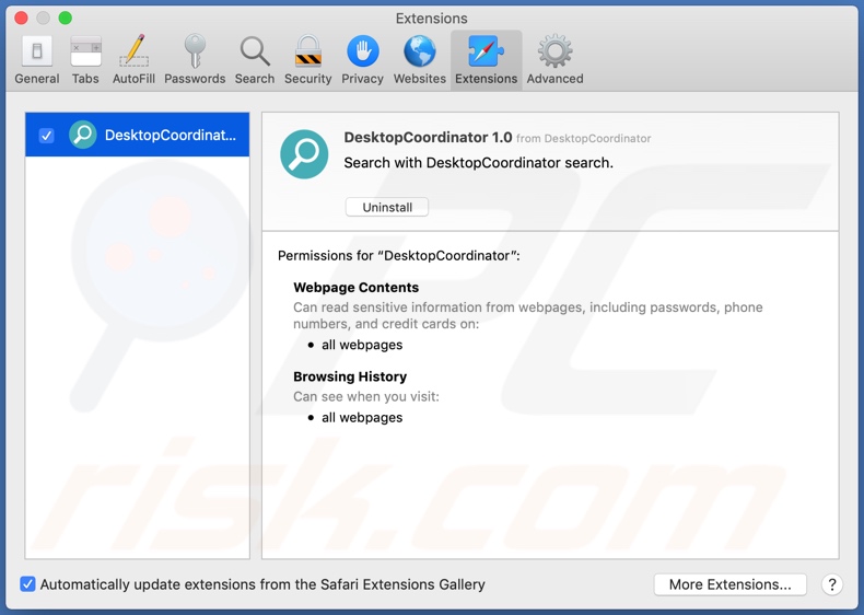 Adware DesktopCoordinator instalado en Safari