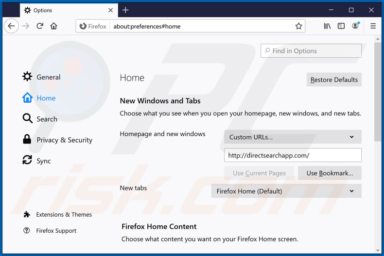Eliminando directsearchapp.com de la página de inicio de Mozilla Firefox