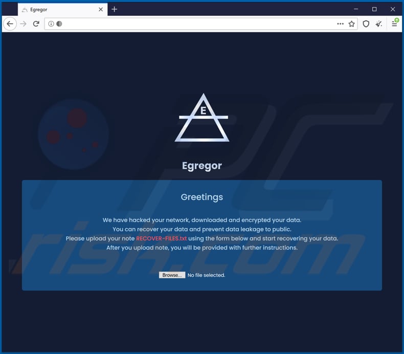 Sitio web de Egregor en Tor