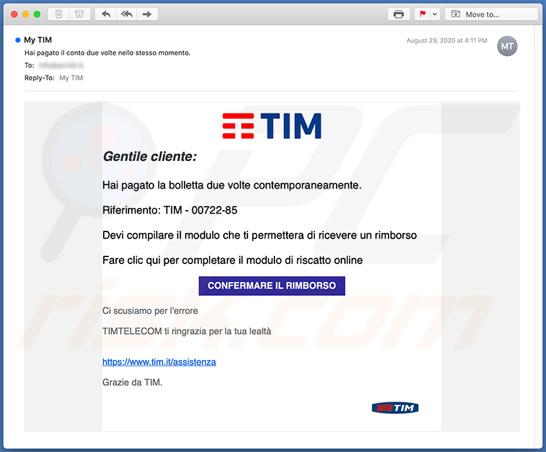 Email no deseado italiano utilizado para fines de suplantación de identidad (phishing)