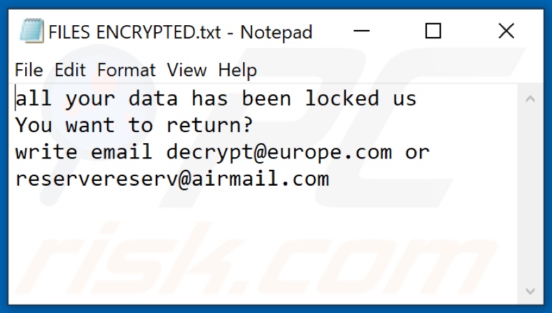 Archivo de texto del ransomware de Eur (FILES ENCRYPTED.txt)
