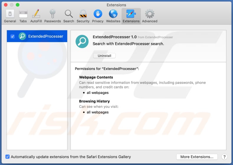 Extensión en Safari del adware ExtendedProcesser