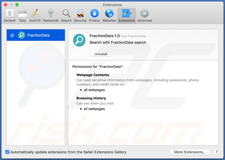 Adware FractionData instalado en Safari