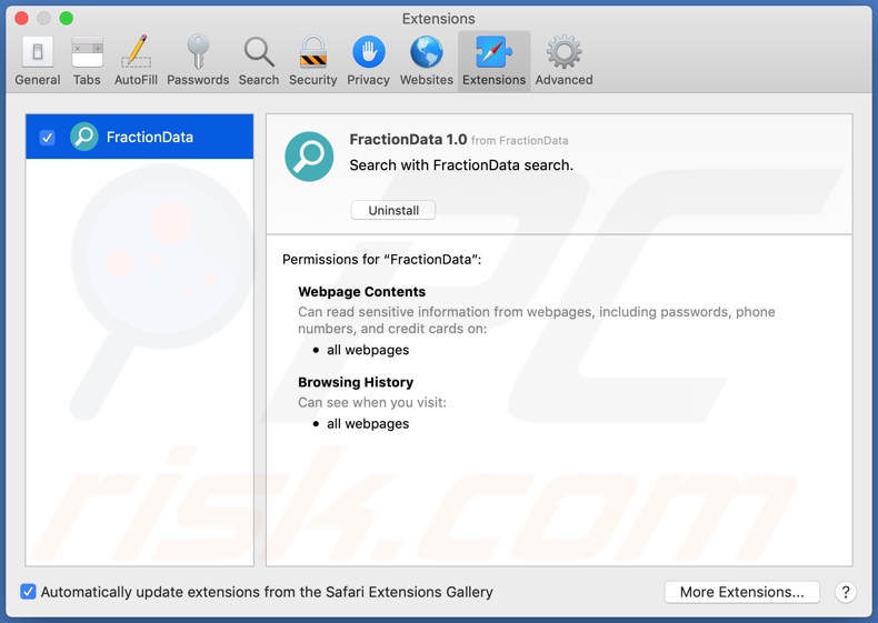 Adware FractionData instalado en Safari