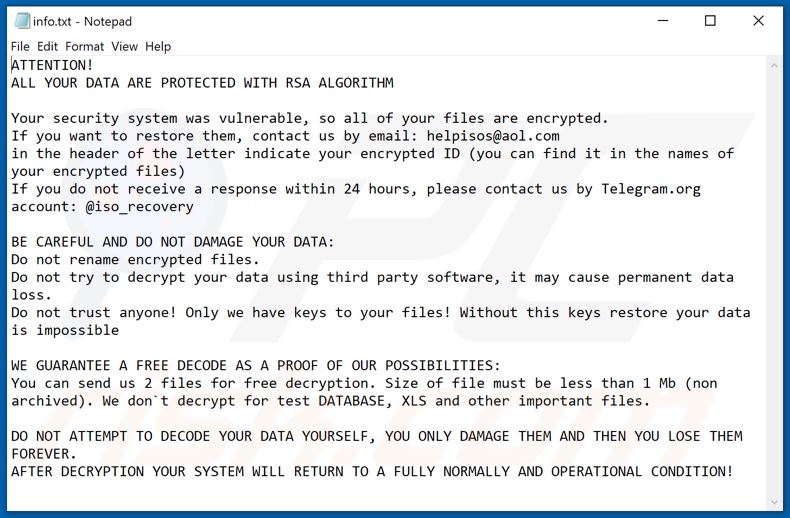 Archivo de texto del ransomware Isos (info.txt)