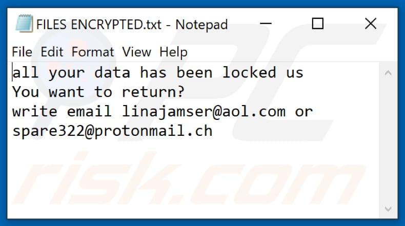 Archivo de texto del ransomware Lina (FILES ENCRYPTED.txt)