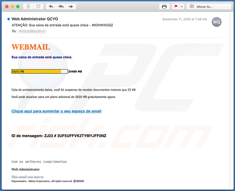 Correo electrónico no deseado con temática de cuotas de correo en portugués
