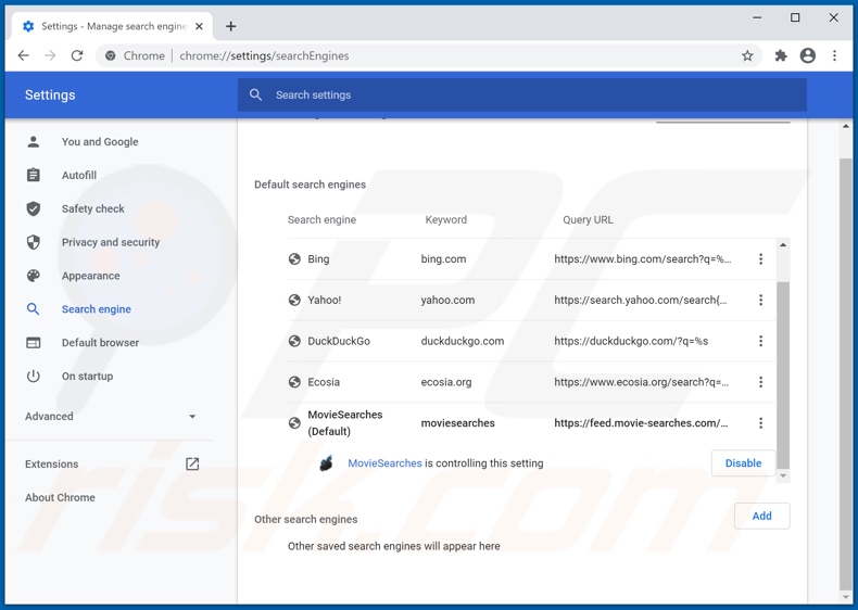 Eliminando movie-searches.com del motor de búsqueda predeterminado de Google Chrome