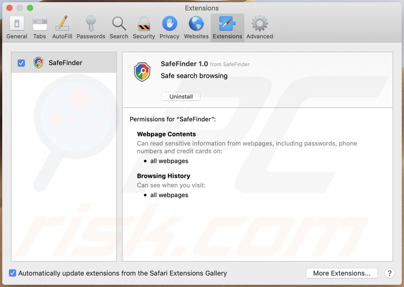 Safe Finder que promueve search.getstranto.club instalado en Safari