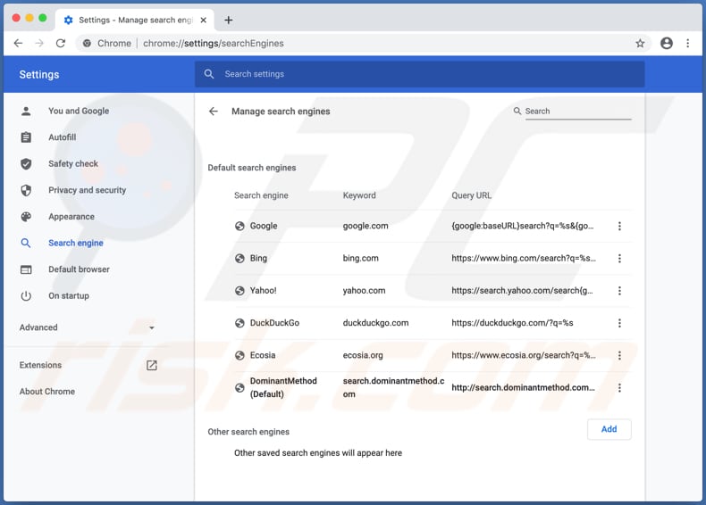 Search.dominantmethod.com en las configuraciones de Chrome modificadas