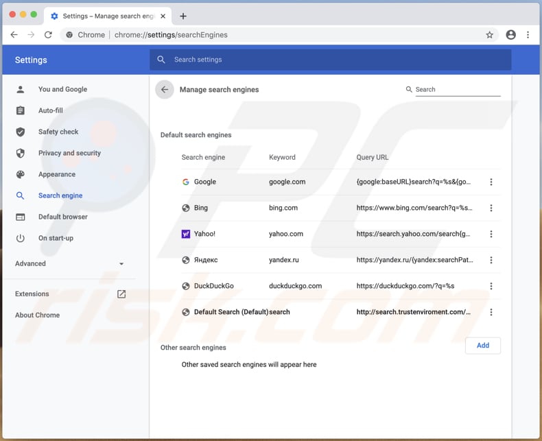 Search.trustenviroment.com asignado como motor de búsqueda predeterminado en Chrome