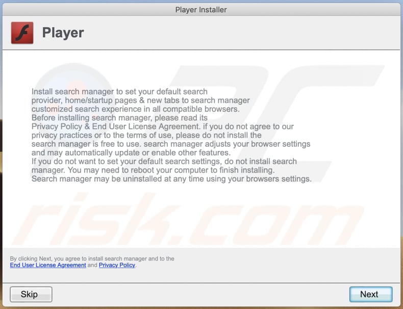 Instalador falso de Adobe Flash Player utilizado para la promoción search.trustenviroment.com