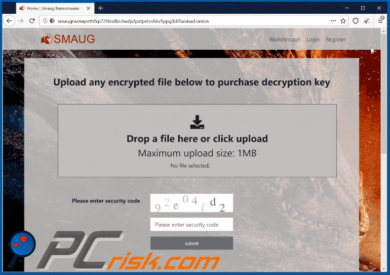 Aspecto del sitio web de pago del ransomware Smaug