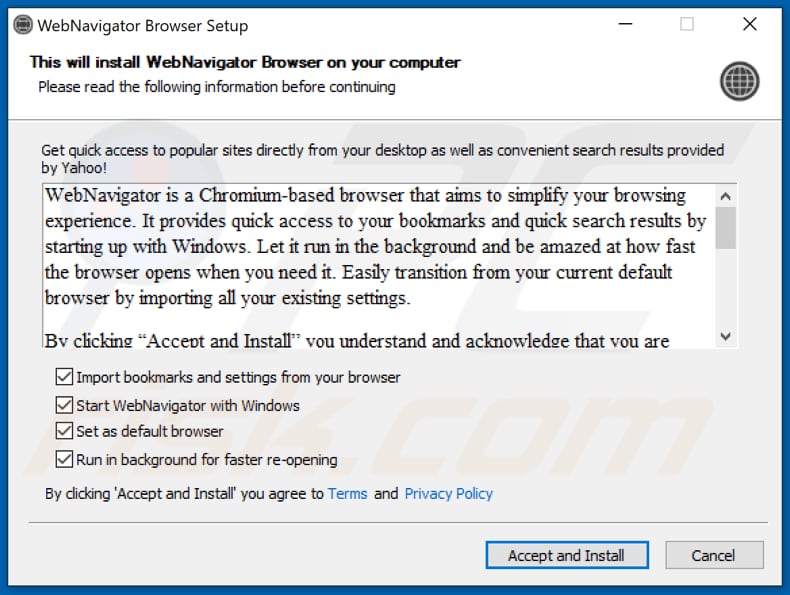 Instalador del adware WebNavigatorBrowser