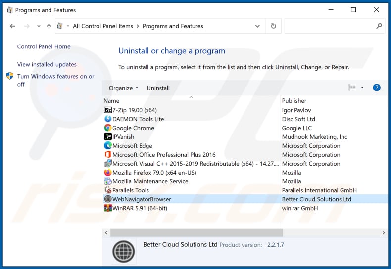 Desinstalar el adware WebNavigatorBrowser a través del Panel de Control