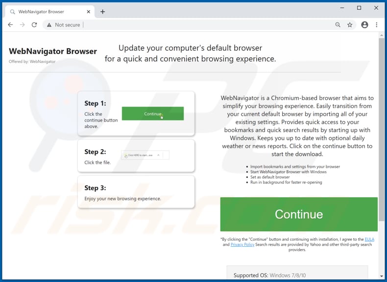 Sitio web de descarga del adware WebNavigatorBrowser