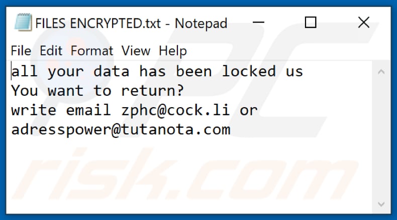 Archivo de texto del ransomware Zphs (FILES ENCRYPTED.txt)