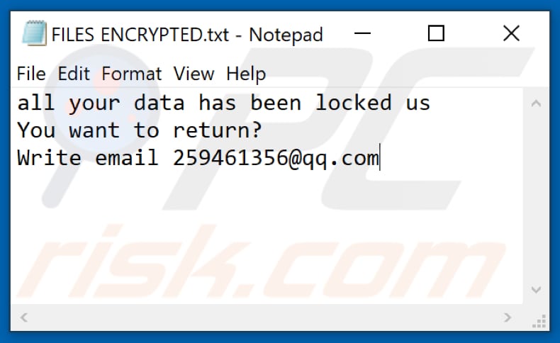Archivo de texto del ransomware 259 (FILES ENCRYPTED.txt)