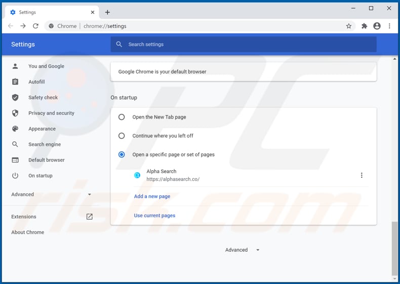 Eliminar alphasearch.co de la página de inicio de Google Chrome