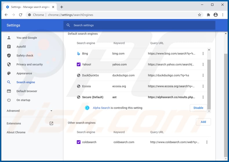 Eliminar alphasearch.co del motor de búsqueda predeterminado de Google Chrome