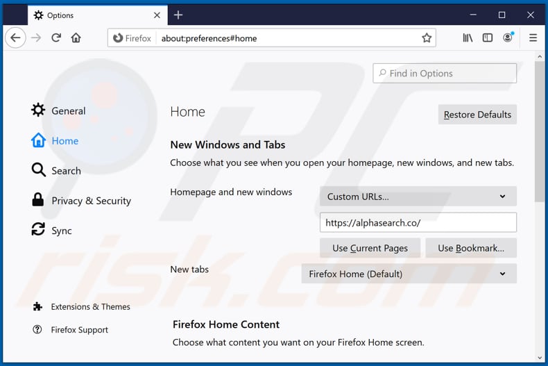 Eliminar alphasearch.co de la página de inicio de Mozilla Firefox