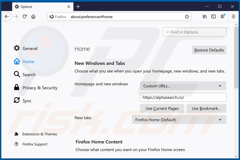 Eliminar alphasearch.co de la página de inicio de Mozilla Firefox