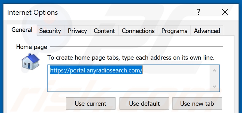 Eliminando anyradiosearch.com de la página de inicio de Internet Explorer