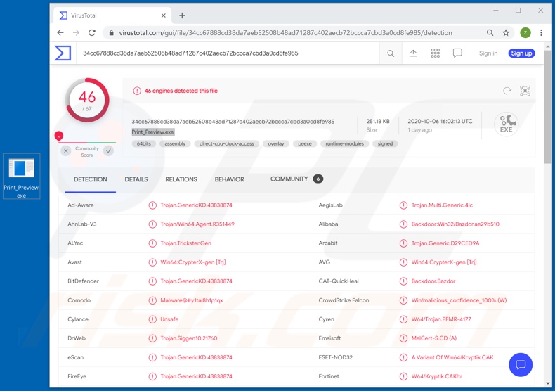 Detecciones de malware BazarLoader en VirusTotal