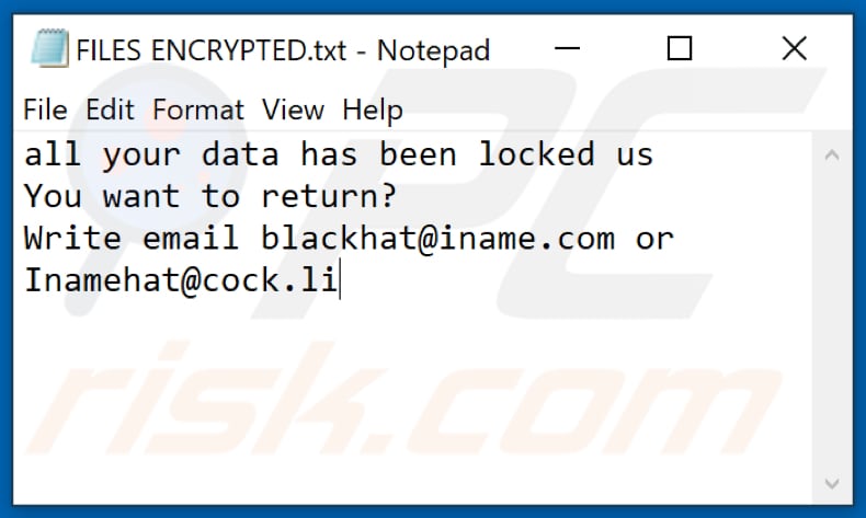 Archivo de texto del ransomware bH4T (FILES ENCRYPTED.txt)