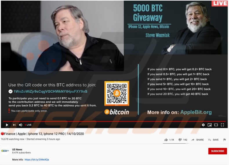 Estafa de regalo de BTC promocionando videos de YouTube