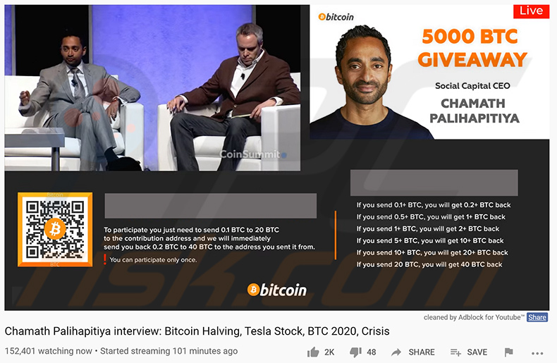 Video temático de Chamath Palihapitiya que promociona la estafa de regalo de BTC