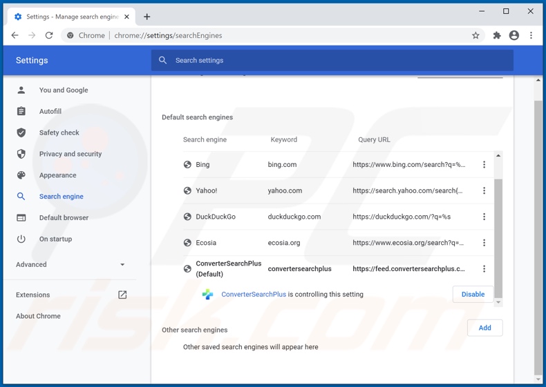 Eliminando convertersearchplus.com del motor de búsqueda predeterminado de Google Chrome