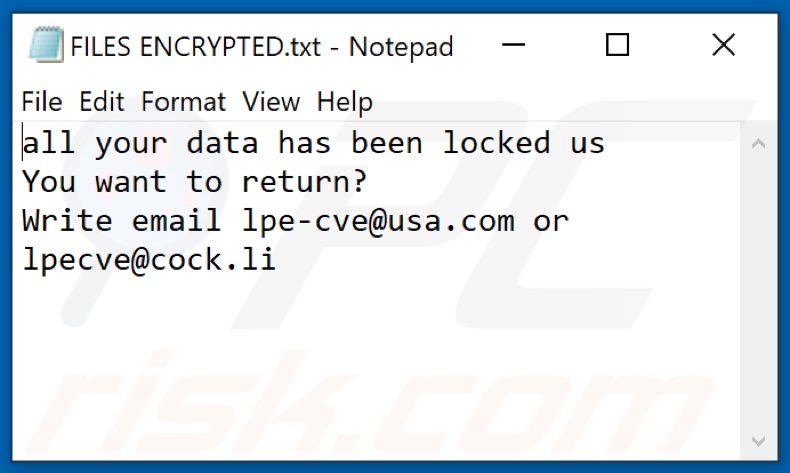 Archivo de texto del ransomware Cve (FILES ENCRYPTED.txt)