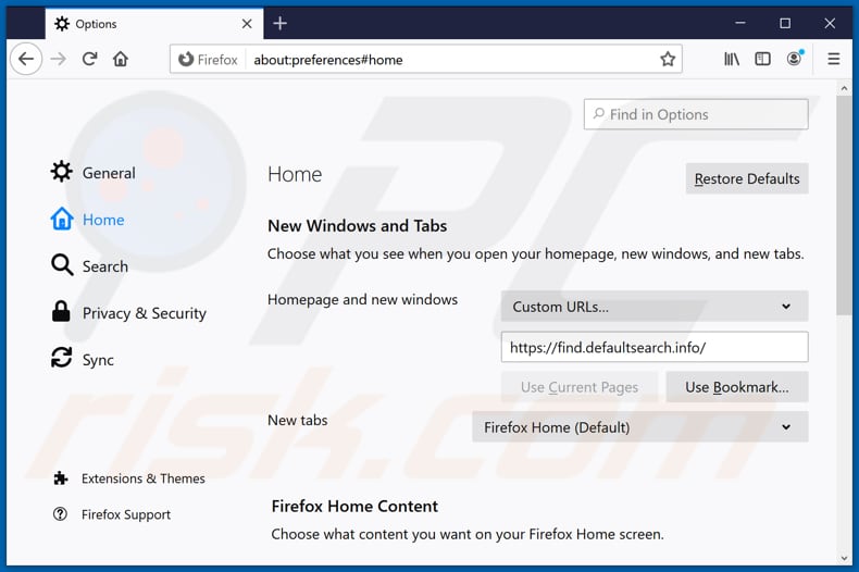 Eliminando find.defaultsearch.info de la página de inicio de Mozilla Firefox