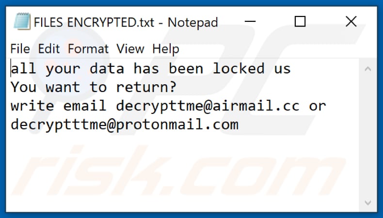 Archivo de texto del ransomware Dme (FILES ENCRYPTED.txt)