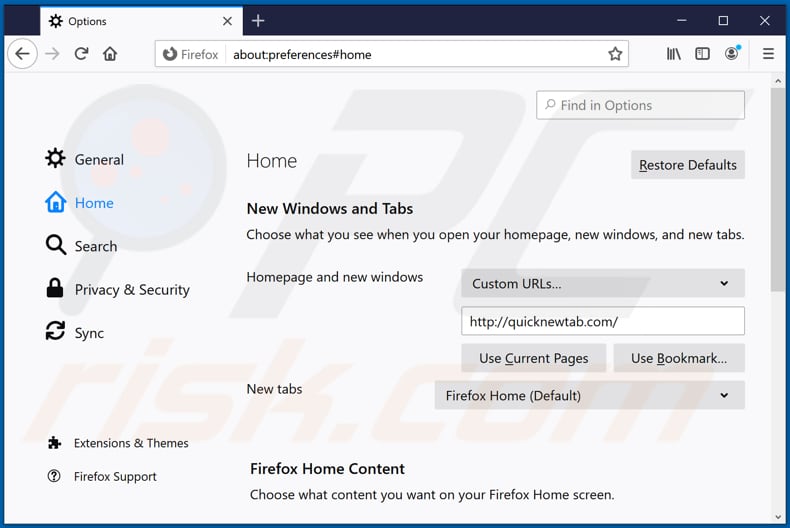 Eliminar quicknewtab.com de la página de inicio de Mozilla Firefox