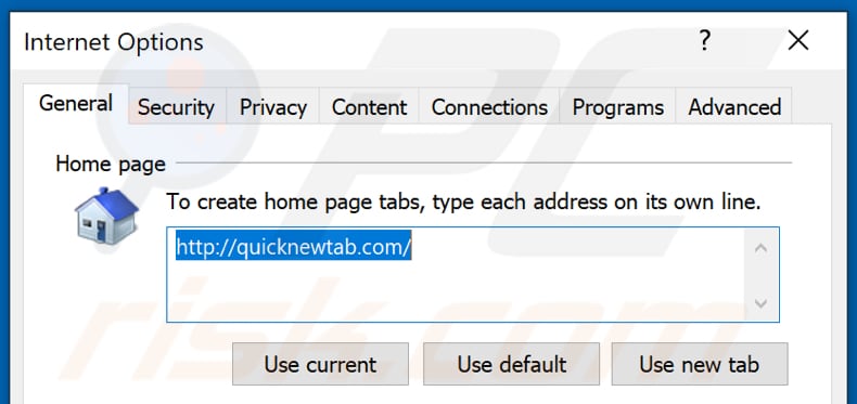 Eliminar quicknewtab.com de la página de inicio de Internet Explorer