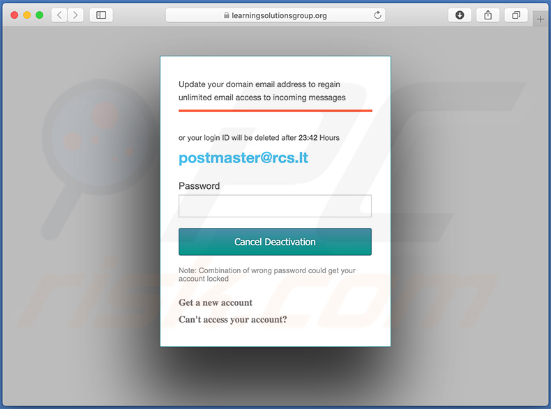 Sitio de phishing de learningsolutionsgroup.org promocionado a través de email no deseado