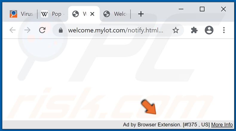 Anuncio intrusivo entregado por la extensión de Chrome maliciosa d8yl+Hf7rX