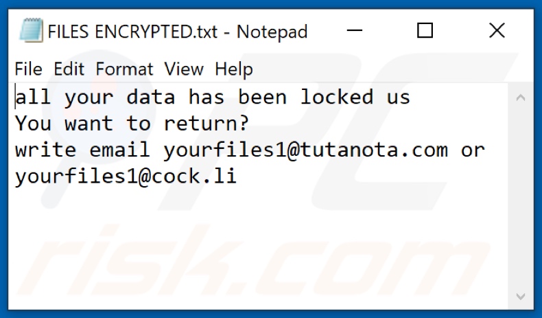 Archivo de texto del ransomware FLYU (FILES ENCRYPTED.txt)