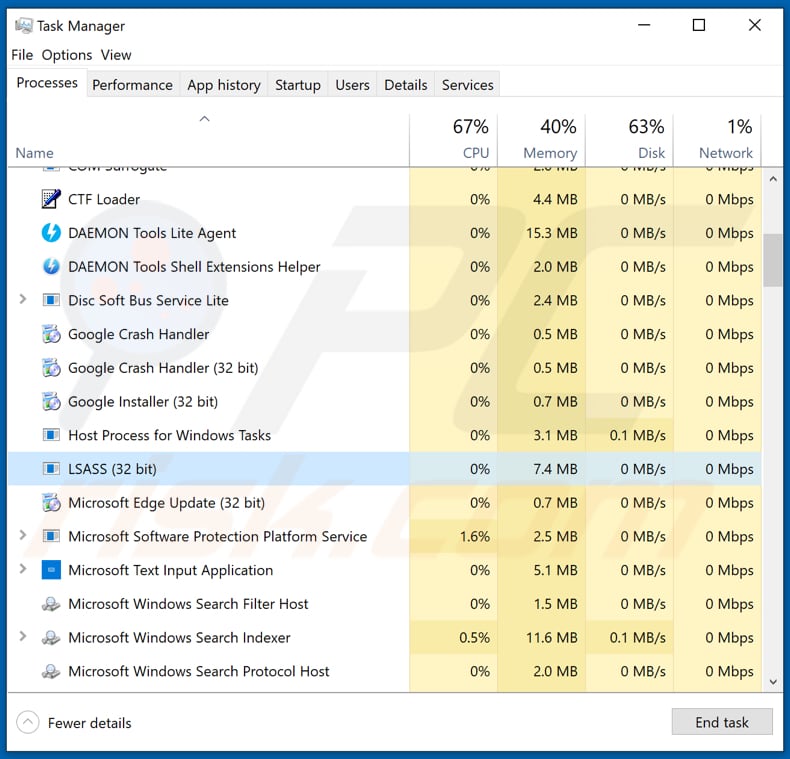 Proceso malicioso LSASS del malware GravityRAT