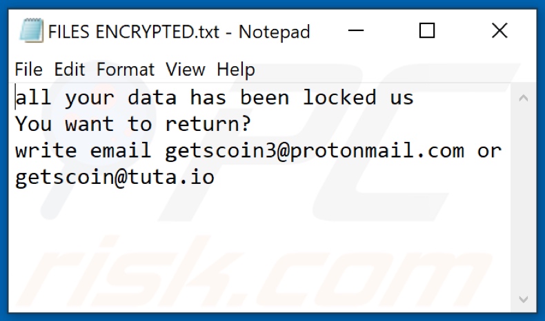 Archivo de texto del ransomware Gtsc (FILES ENCRYPTED.txt)