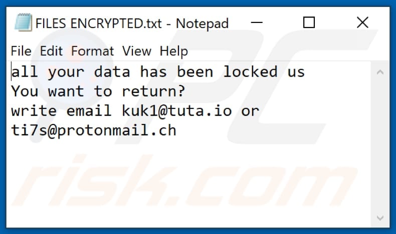 Archivo de texto del ransomware Kut (FILES ENCRYPTED.txt)