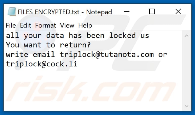 Archivo de texto del ransomware LCK (FILES ENCRYPTED.txt)