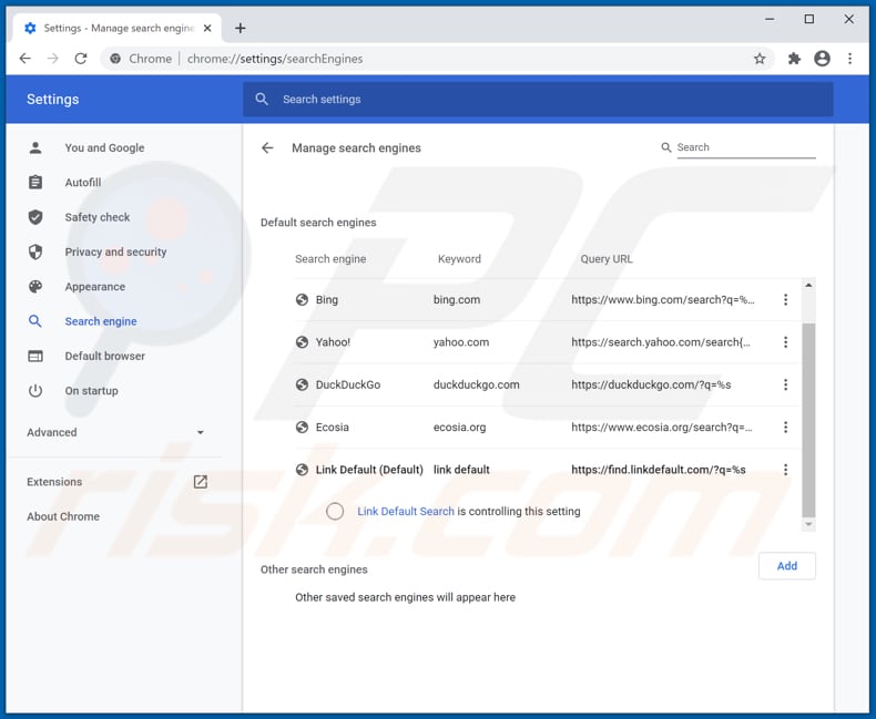 Eliminando find.linkdefault.com del motor de búsqueda predeterminado de Google Chrome